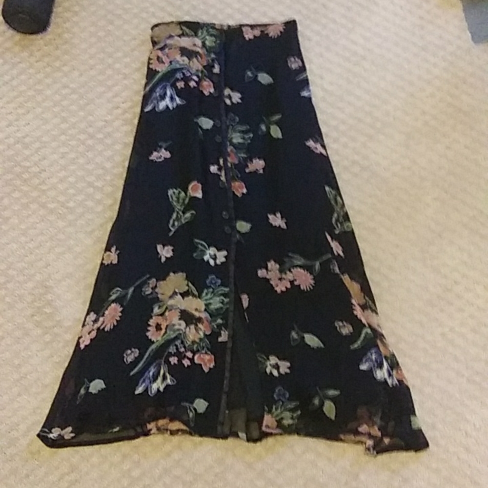 Sheer black with floral print button-down midi skirt